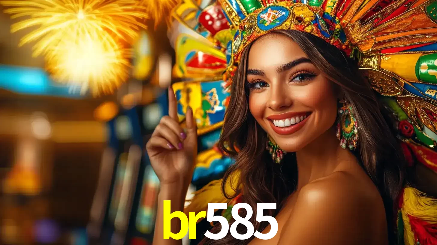 Mulher sorridente com um cocar de carnaval vibrante e colorido, celebrando uma grande vitória nos jogos do cassino br585 com fogos de artifício ao fundo.