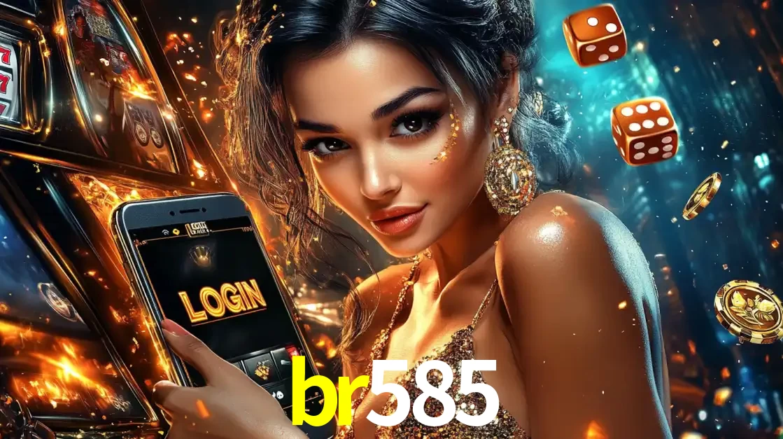 Mulher glamourosa segurando um celular com a tela de login do cassino br585, rodeada por dados e moedas douradas, pronta para começar a diversão.