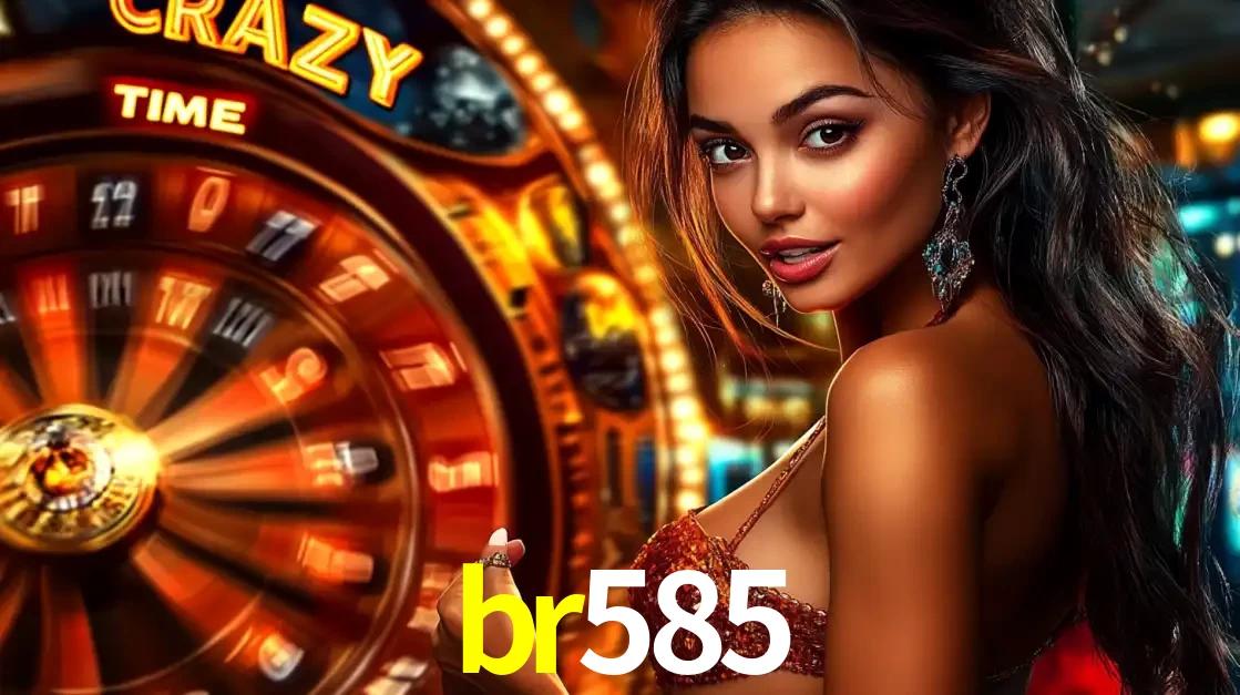 Mulher ao lado da roda de prêmios do jogo de cassino ao vivo Crazy Time, um dos shows de jogos mais emocionantes oferecidos pela plataforma de apostas br585.