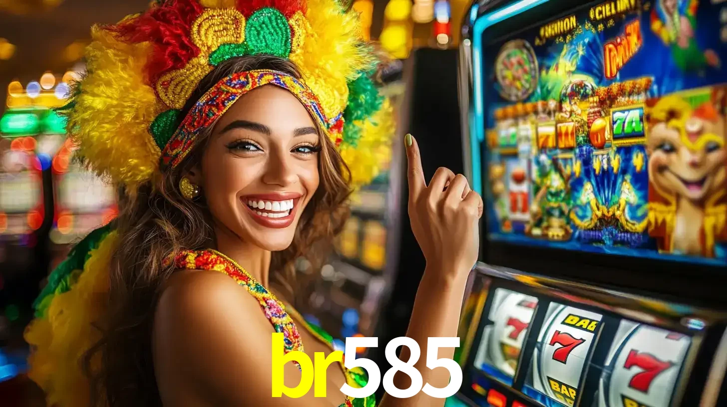 Mulher animada com um cocar de carnaval apontando para uma máquina de caça-níqueis, mostrando a emoção de ganhar um grande prêmio nos jogos do br585.