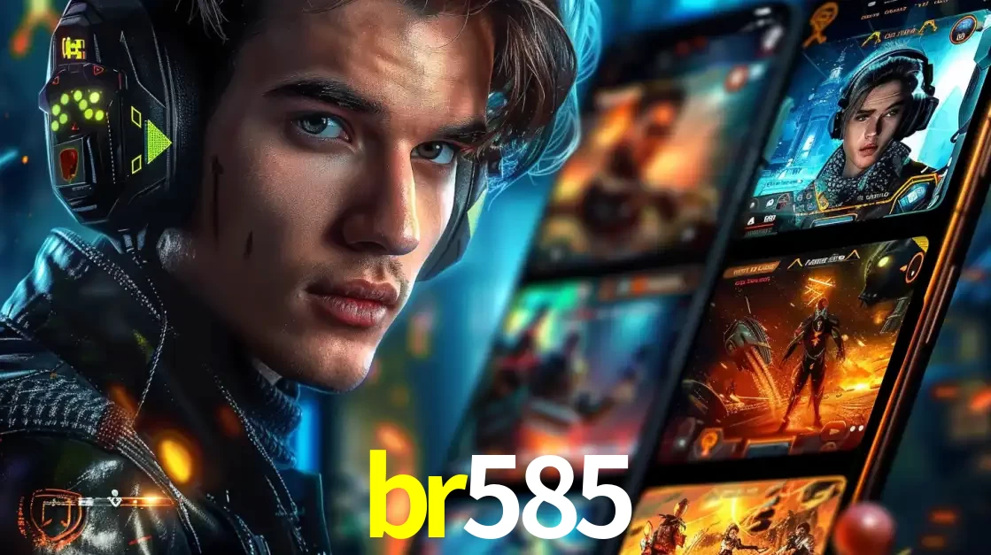 Jovem jogador com fones de ouvido olhando para a câmera, com um aplicativo de jogos e e-sports para celular ao fundo, pronto para a competição e apostas no br585.