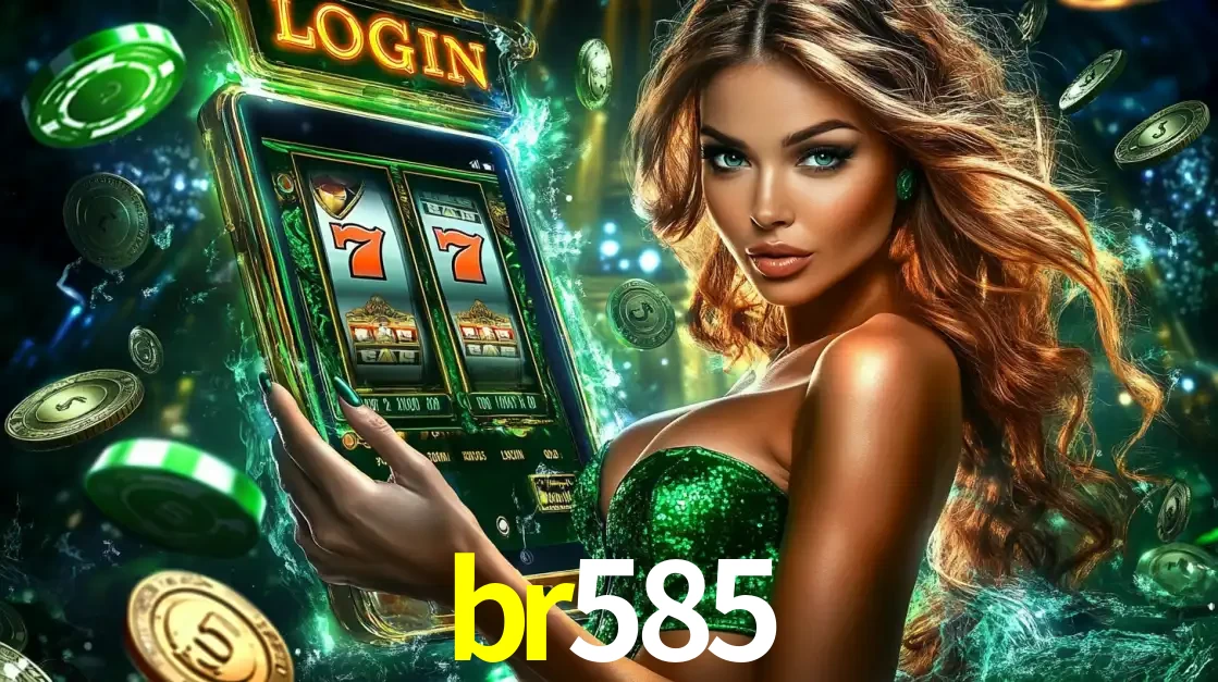 Mulher com tema verde apresentando o aplicativo do cassino br585 com um jogo de slot de 777, cercada por fichas de cassino e uma aura de sorte.