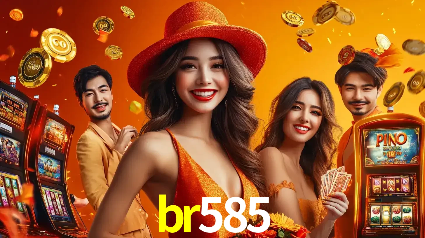 Grupo de amigos asiáticos sorrindo e se divertindo com máquinas de caça-níqueis em um ambiente festivo, celebrando suas vitórias nos jogos de cassino do br585.