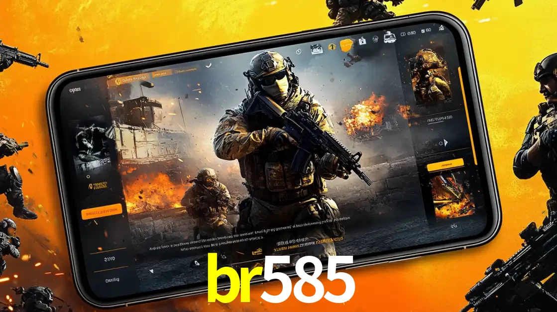 Um smartphone exibindo a interface de um jogo de tiro em primeira pessoa, com um soldado em um cenário de batalha, representando a ação dos e-sports para apostar no br585.