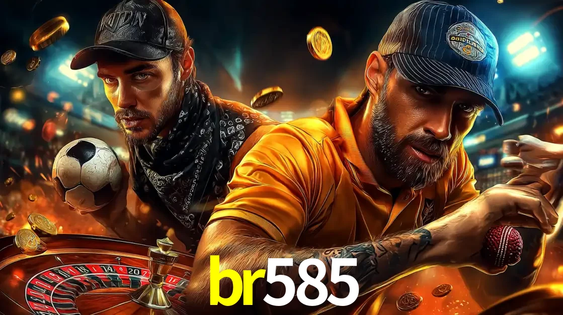 Montagem de apostas esportivas e cassino no br585, com um homem segurando uma bola de futebol e outro uma de beisebol sobre uma roleta e moedas voadoras.