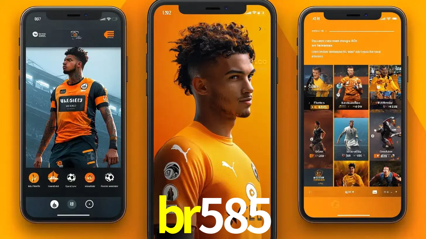 Interface do aplicativo de apostas esportivas br585 em três telas de celular, mostrando o perfil de um jogador de futebol e a lista de jogos disponíveis para apostar.