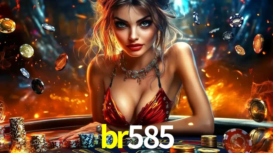 Mulher em uma mesa de cassino com pilhas de fichas e um fundo de fogo, pronta para uma rodada de altas apostas nos jogos de mesa emocionantes do cassino br585.