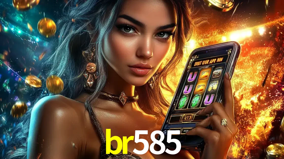 Mulher elegante mostrando um jogo de caça-níqueis em seu smartphone, destacando a experiência de cassino móvel oferecida pelo aplicativo br585.