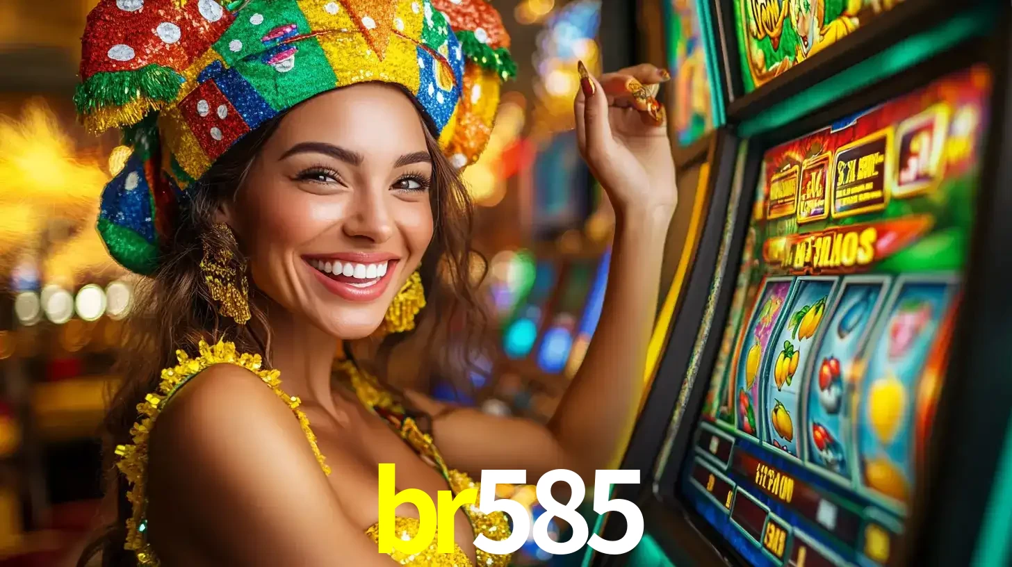 Mulher feliz com traje de carnaval amarelo e colorido ao lado de uma máquina de caça-níqueis, aproveitando a diversão e os jogos temáticos do cassino br585.