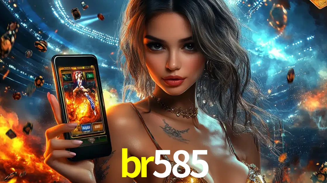 Mulher segurando um celular com um jogo de slot em destaque, tendo como fundo um estádio vibrante, simbolizando a emoção de jogar no cassino móvel br585.