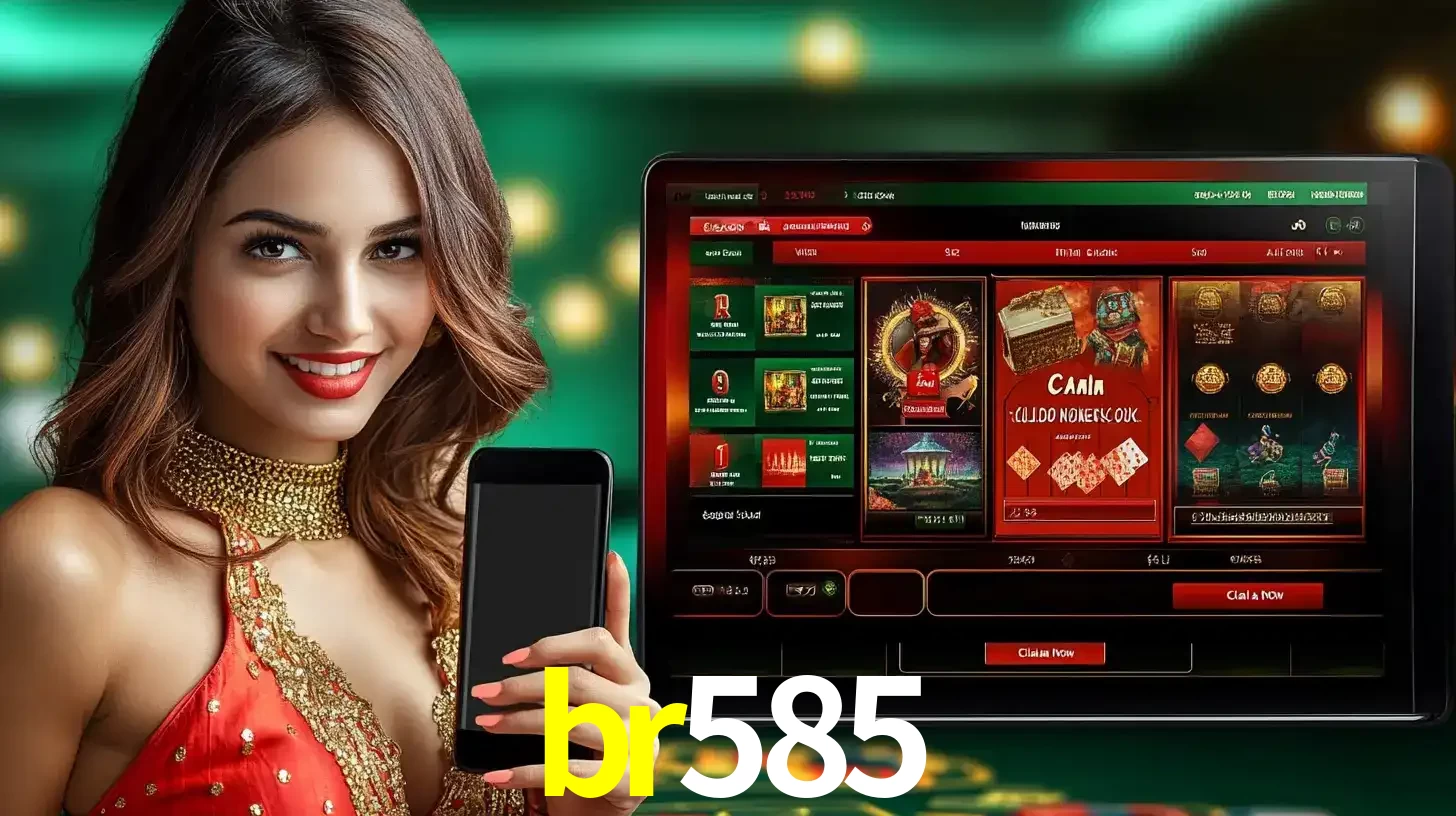 Mulher sorridente segurando um smartphone, ao lado de uma tela exibindo o lobby de jogos do cassino online br585, com várias opções de jogos de cartas e slots.